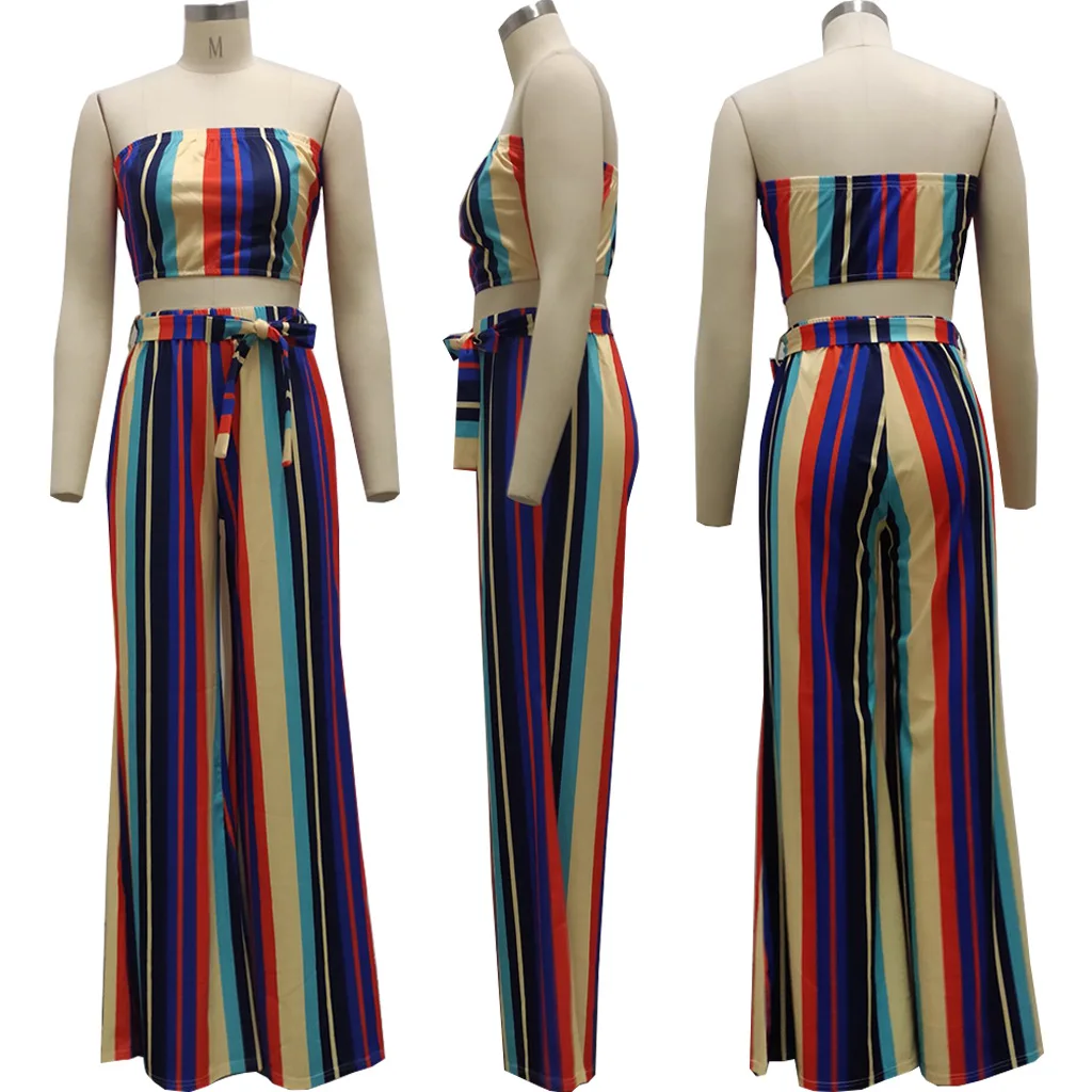 

Casual Sexy Women Summer Pants Set Female 2PCS Outfits Crop Top Strapless+Wide Leg Pants Suit For Women Two Piece Sets