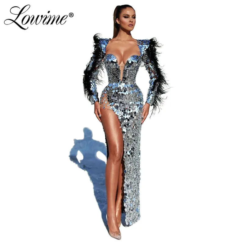 

Silver Dubai Arabic Evening Dress 2020 Shiny Sequined Long Prom Dress Robe De Soiree Dresses Woman Party Night African Gowns