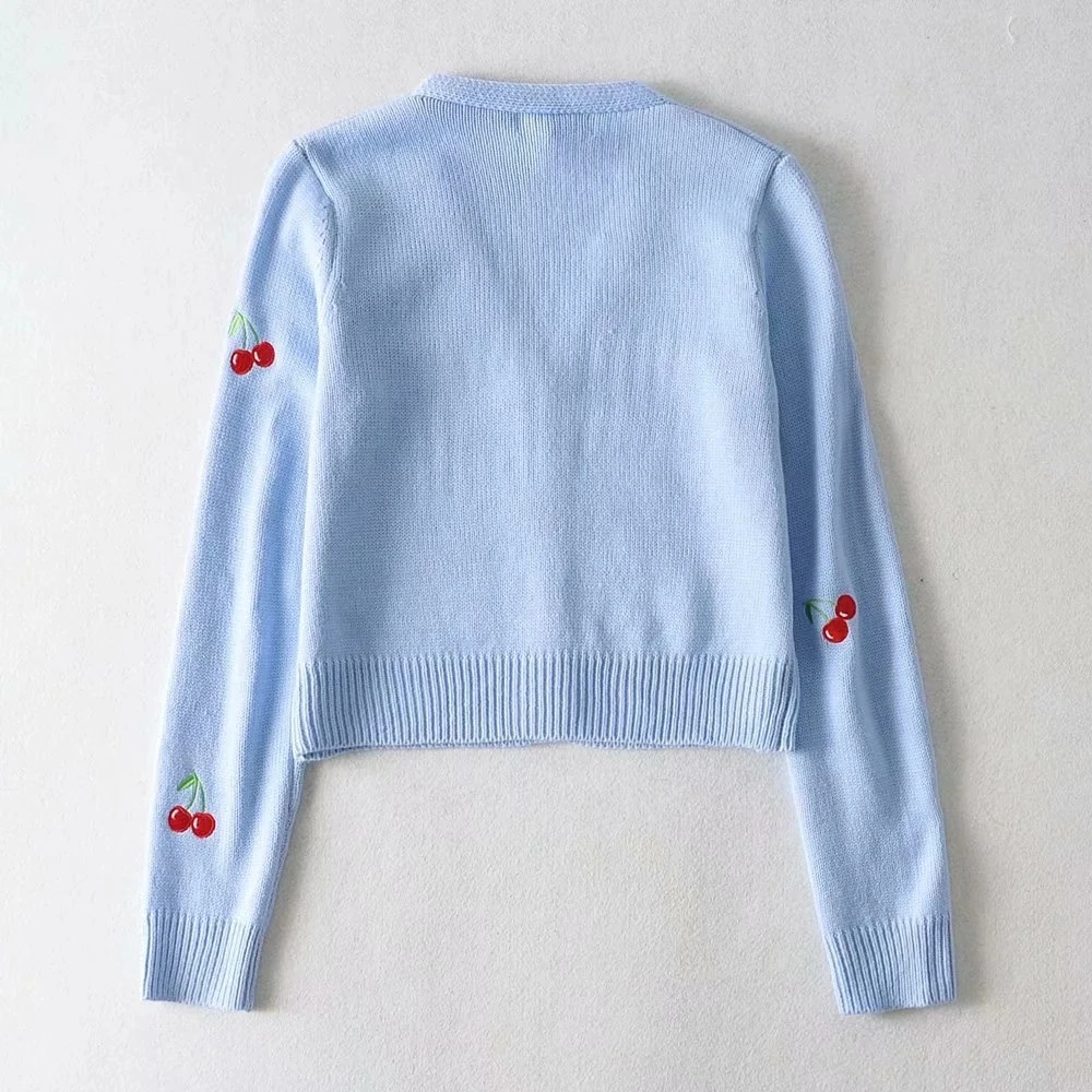 

Long Sleeve Knitted Cardigan Women Sweater V Neck Knitwear Embroidery Cherry Sweaters Sweet Coats Vintage Casual Cardigans 2021
