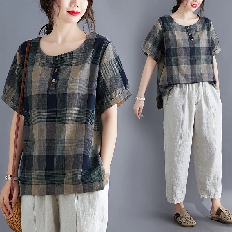

New Women Casual Basic Cotton and linen Summer T-shirt Top Shirt Tee Short sleeve Plus Size M~3XL