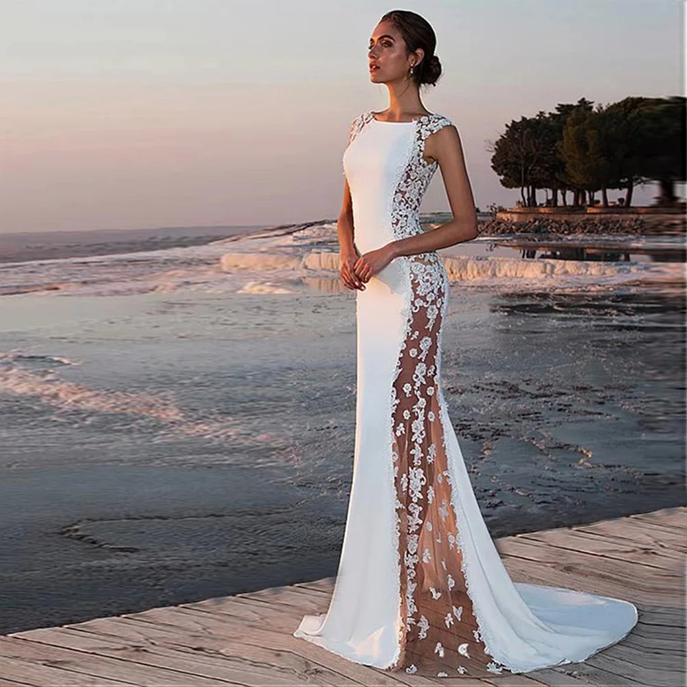 

Summer White Beach Mermaid Wedding Dresses Boat Neck Lace Satin Appliques Jewel Lapel Floor-Length Vestido De Novia