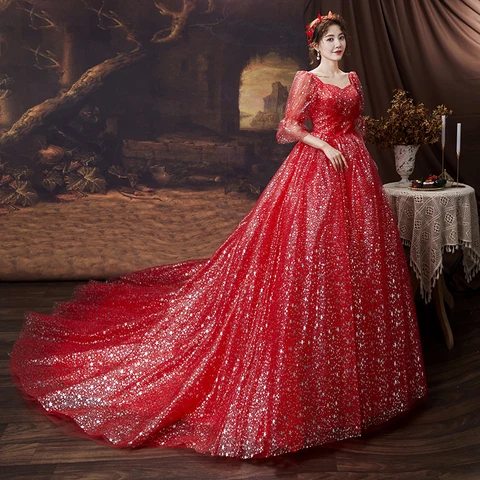 Женское свадебное платье It's yiiya, красное блестящее платье с открытыми плечами и рукавами в виде звезд на лето 2019