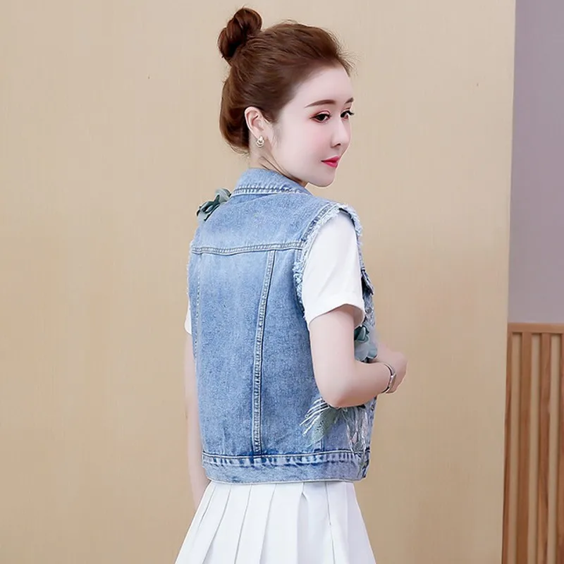 

Fashion Design New Floral Sequins Embroidery Womens Denim Vests Korean Taseel Sleeveless Slim Plus Size Female Short Waistcoats