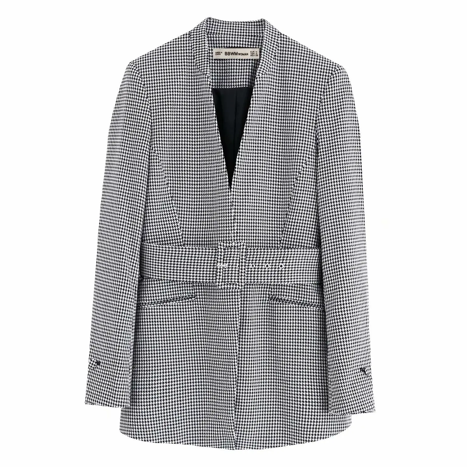 

Blazer Coat Lady Suit Jacket Elegant Feminino Womens Houndstooth Plaid Blazer Mujer Winter Long Sleeve Casual Office Sashes Full