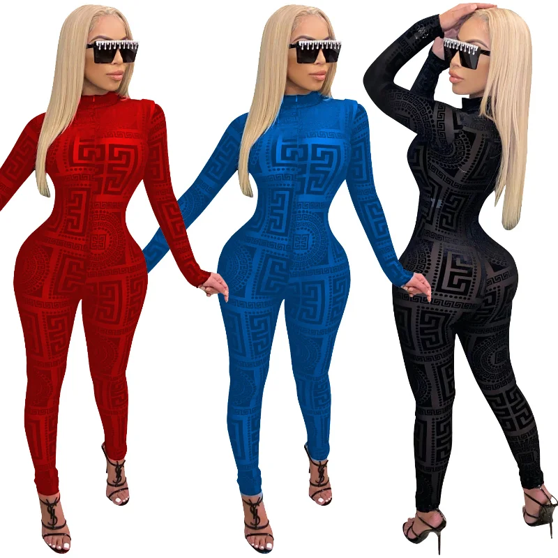 

Sexy Printed Mesh Bodycon Jumpsuits for Women 2021 Elegant One Piece Transparent Long Sleeve Rompers Club Party Bodysuit Skinny