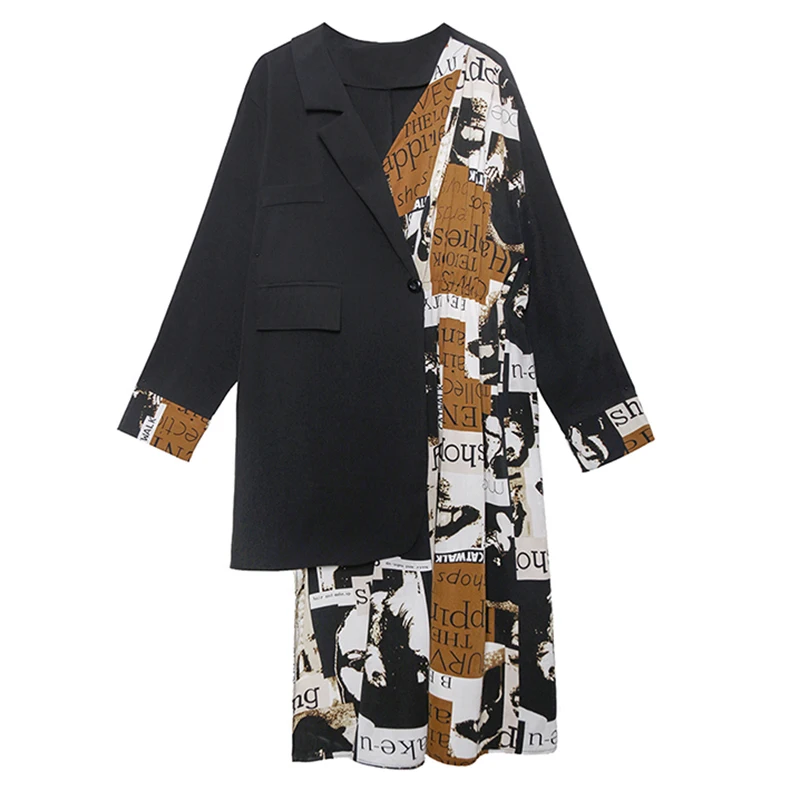 

Women Pattern Printed Black Irregular Big Size Dress New Lapel Long Sleeve Loose Fit Fashion Tide Spring Autumn2021 1y424