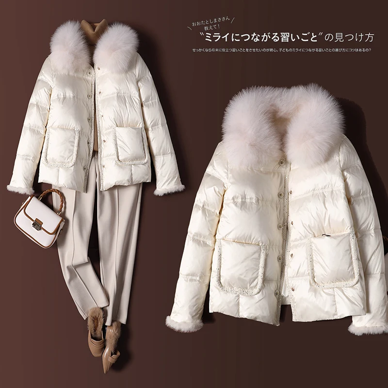 

SHUCHAN Fox Fur Collar Detachable Winter Down Jacket Women Coat Warm Covered Button Wide-waisted Appliques Pockets High Street
