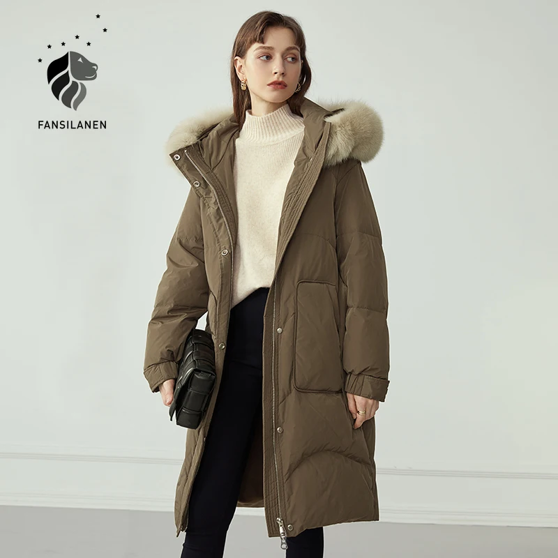 

FANSILANEN Hooded Fur Long Down Coat Women Belt Wram Puffer Winter Coat Female Light Feather Oversized Casual Jacket Overcoat