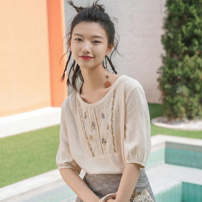 INMAN летняя льняная хлопковая рубашка с цветочным рисунком Женская милая