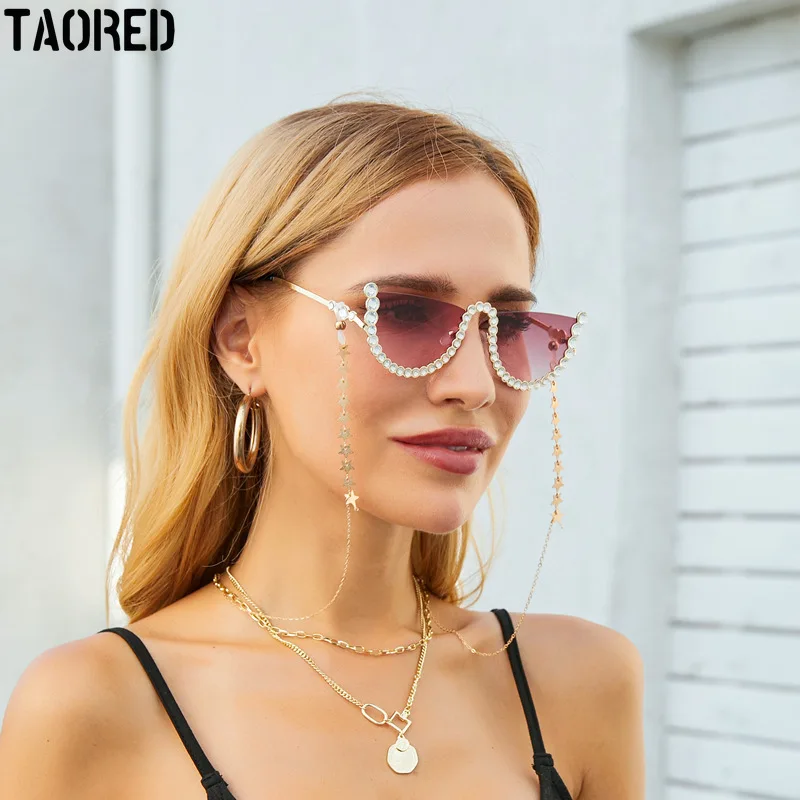 

TAORED 2022 New Trendy Fashion Women's Sunglasses Cat Eye with Chain and Diamonds Elegant Eyeglasses Luxury Female Sun Glasses