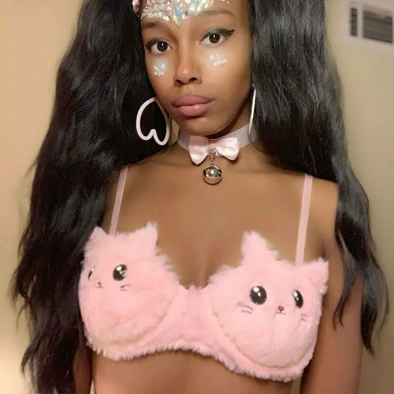 Бюстгальтер женский с милым котом розовый Бралетт мехом бюстье Эротическое
