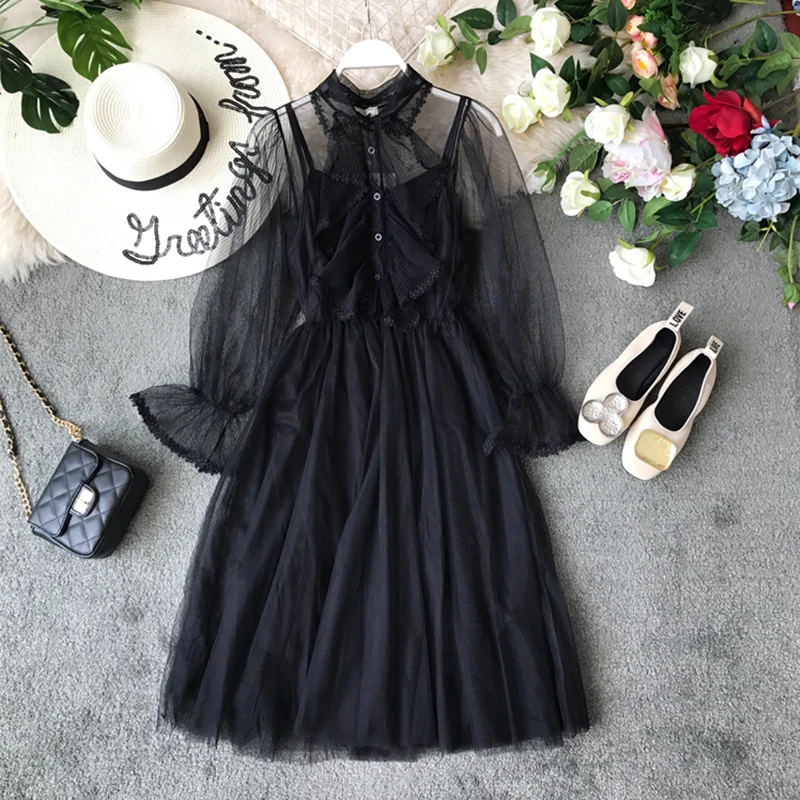 Женское Сетчатое платье с оборками и бантом весеннее милое из двух предметов