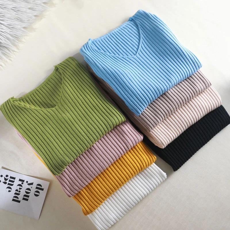 2019 basic v-neck solid autumn winter Sweater Pullover Women Female Knitted sweater slim long sleeve badycon cheap | Женская одежда