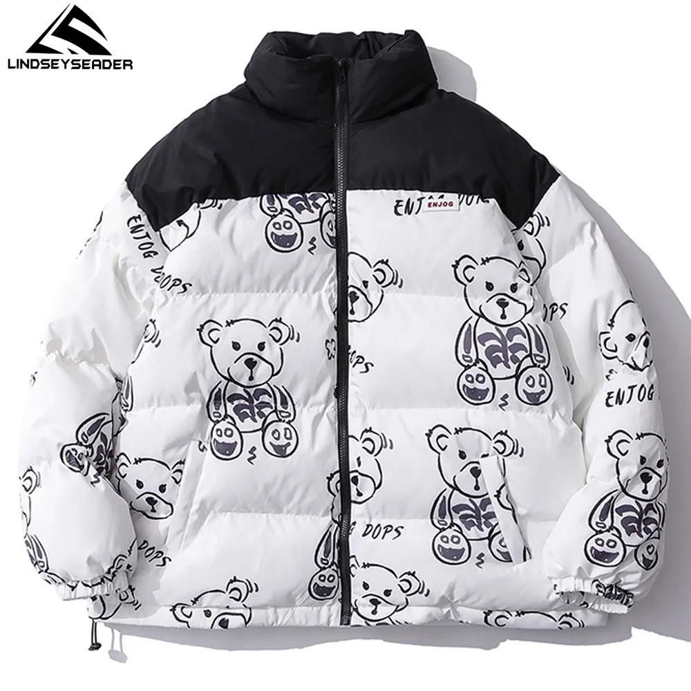 

Men's Women Winter Warm Jacket Thick Coat Patchwork Cartoon Bear Heated Padded Puffer Jacket Oversized Parka Men's Clothing
