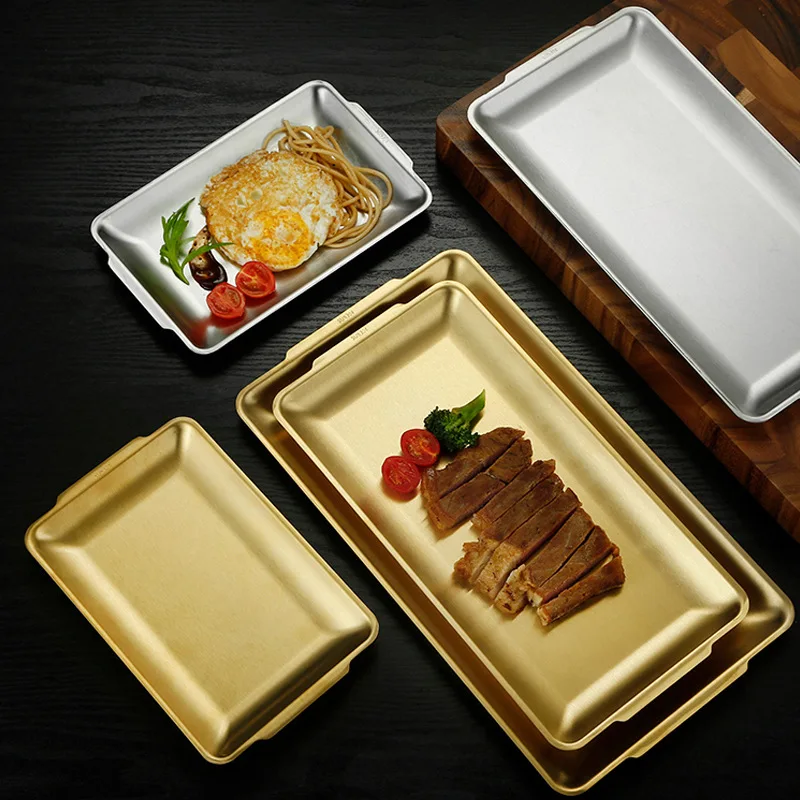 

Stainless Steel Flat Bottom Tray Food Storage Shallow Trays Sushi Grill BBQ Dish Fruit Vegetable Plate KitchenBread Baking Pan