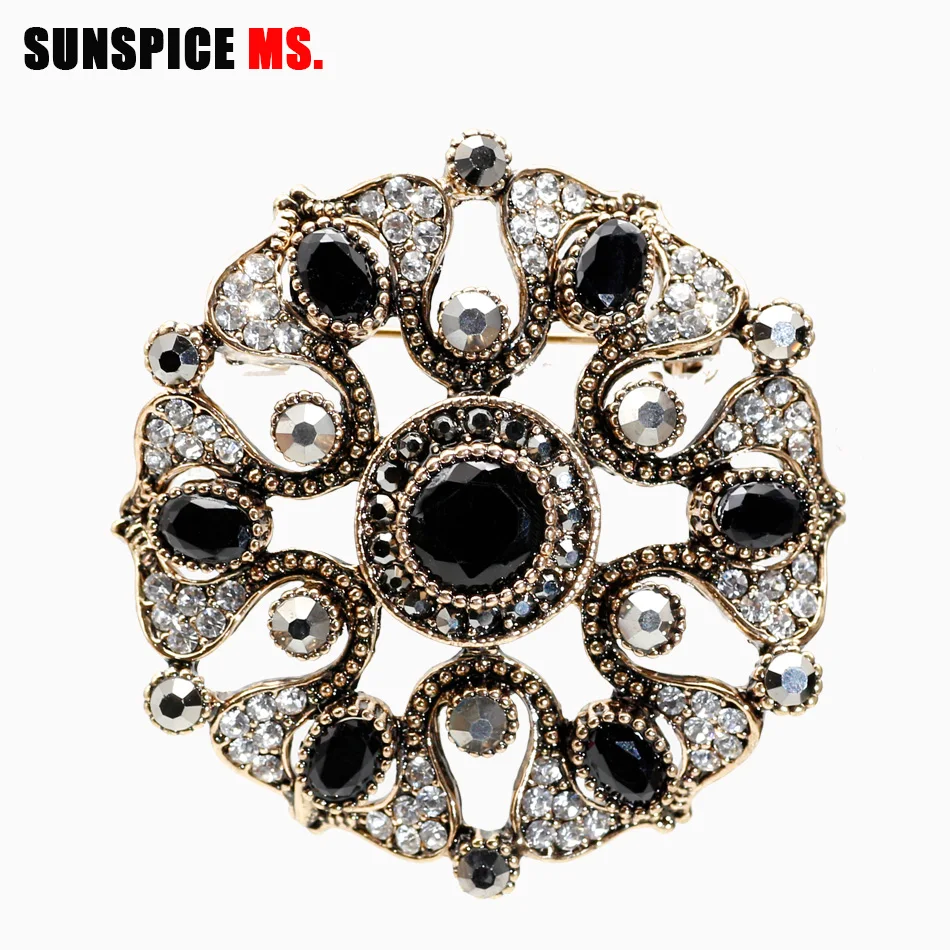 SUNSPICEMS винтажная серая Хрустальная Брошь булавка Турецкая Женская этническая Свадебная бижутерия арабский хиджаб брошь для шарфа брошь полная Стразы - Окраска металла: 303black