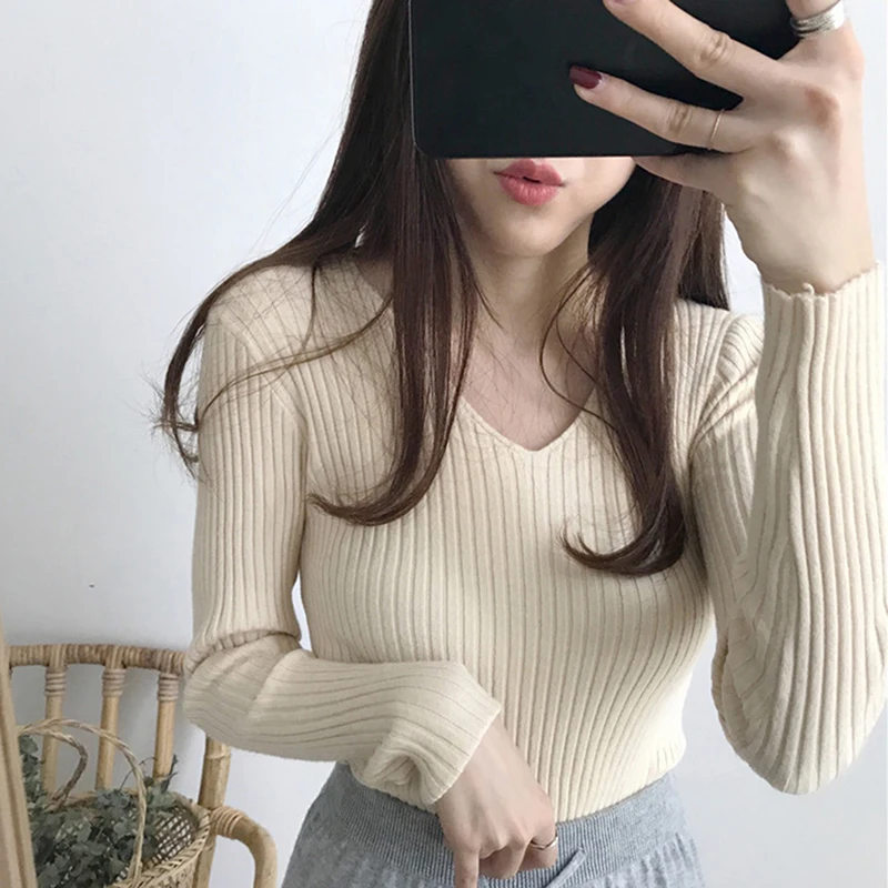 

Women Knitted Sweater Women V-neck Solid Sweater Pullover Slim Long Sleeve Badycon Autumn Winter Basic Sweater