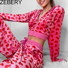 Женские толстовки на молнии ZEBERY, розовые, вельветовые, милые, Y2K, с принтом сердца, укороченные свитшоты с длинным рукавом, осень кавайные куртки