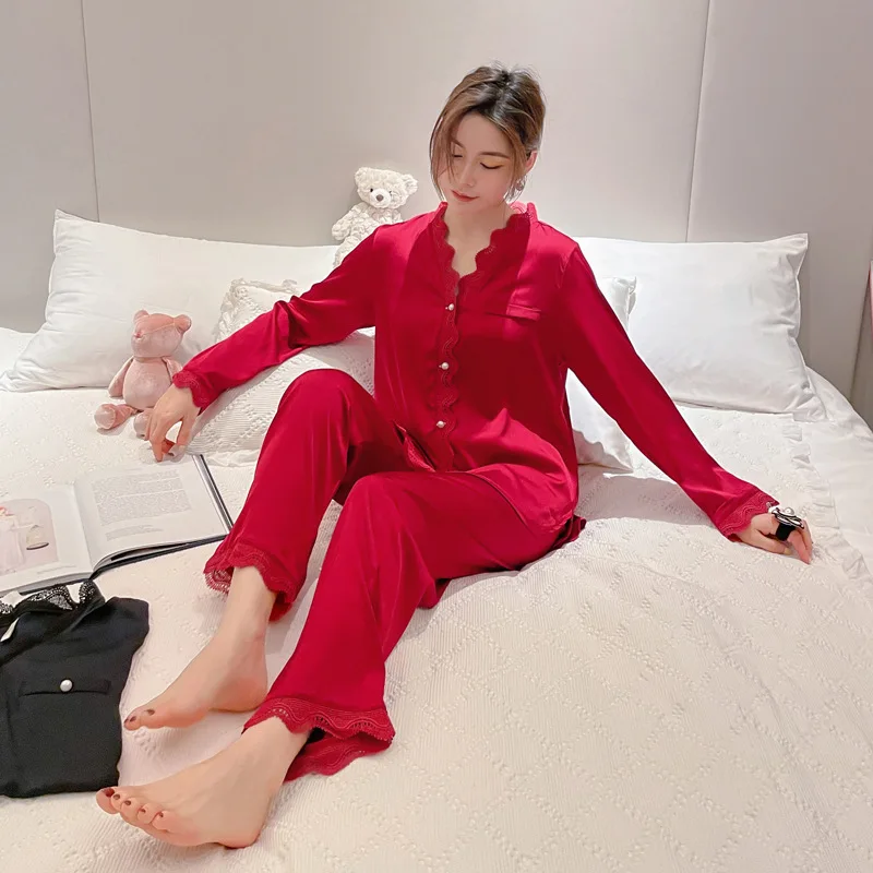 2021 New Ice Silk Pajamas Sets Women's Cardigan Long Sleeve 2Pcs Suit Nightwear Palace Style Thin Lace Home Wear Sleep Tops