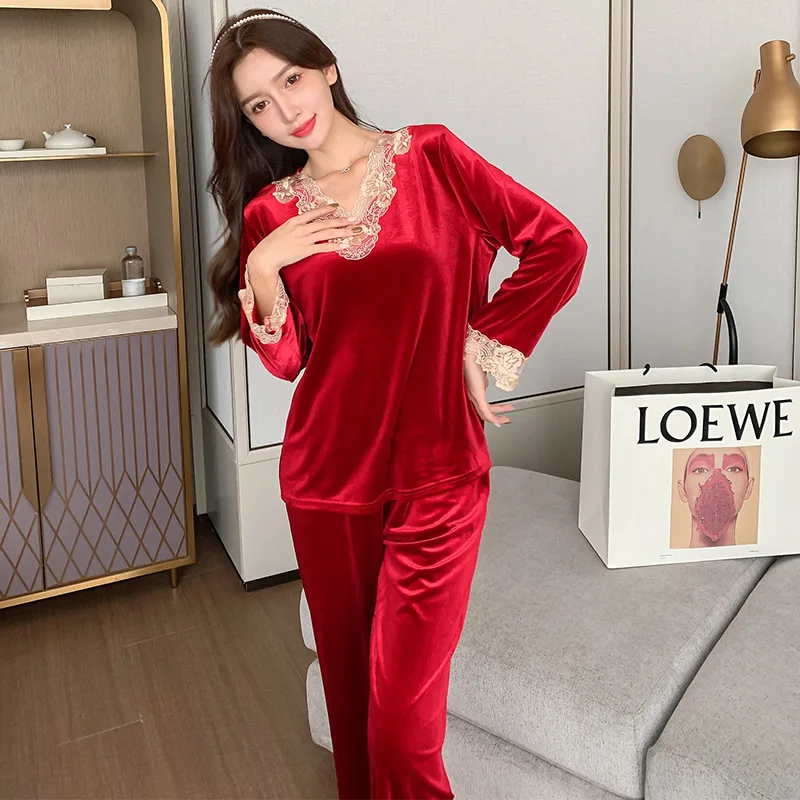 

V-Neck Velour Home Clothing 2PCS Pajamas Suit Long Sleeve Women Velvet Sleep Set Intimate Lingerie Casual Nightwear Pyjamas