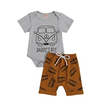 2pcs baby summer tracksuit car print short sleeves romper elastic waist shorts for toddler boys