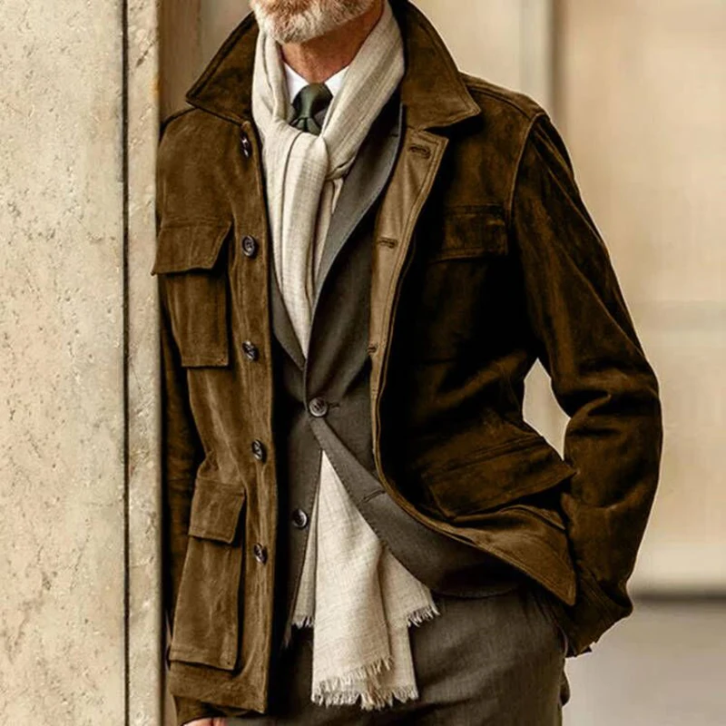 

2021 Winter Long Sleeve Pocket Office Tops Cardigan Man Turn-down Collar Overcoats Autumn Single Breasted Button Jacket For Men