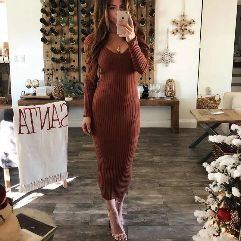 Winter Sexy V Neck Jersey Sweater Dress Autumn Knitted Bodycon Maxi Sweaters Women Elegant Slim Fashion Long Dresse | Женская одежда