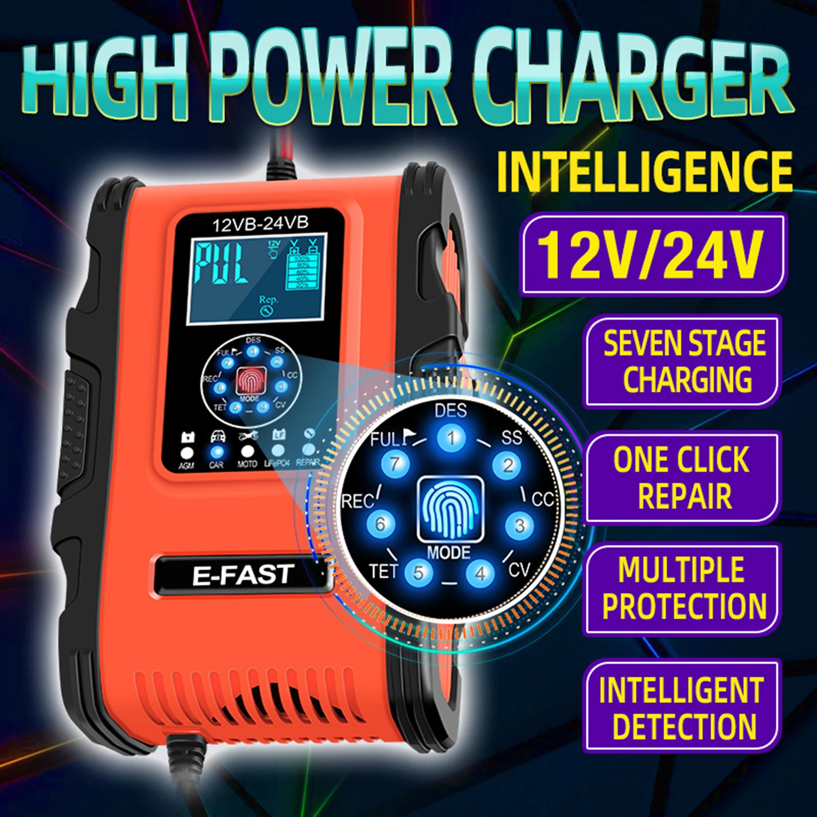 

Car Battery Charger 12V 12A 24V 6A 100-240V AC Pulse Repair Fast Power Automatic Charging with Cable Clamps LCD Display