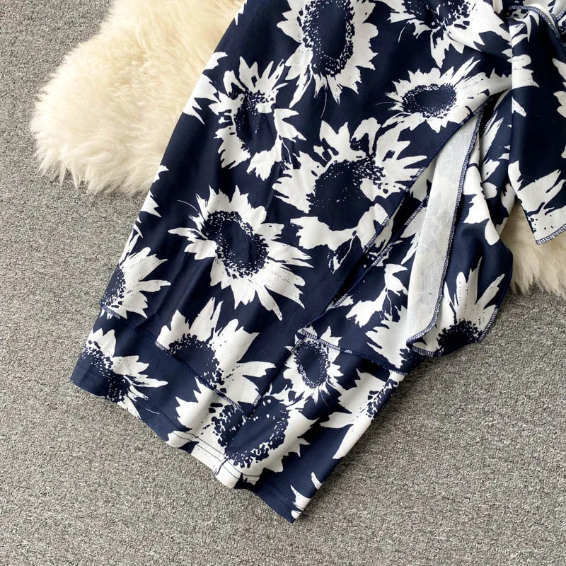 

New Women Boho Two-piece Suit 2021 New Summer Vintage Floral Printed Crop Top High Waist Midi Skirt Outfits Woman Beach Sets
