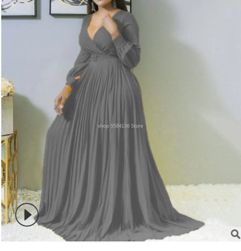 Женское платье Макси плиссированные платья с завышенной талией поясом и v