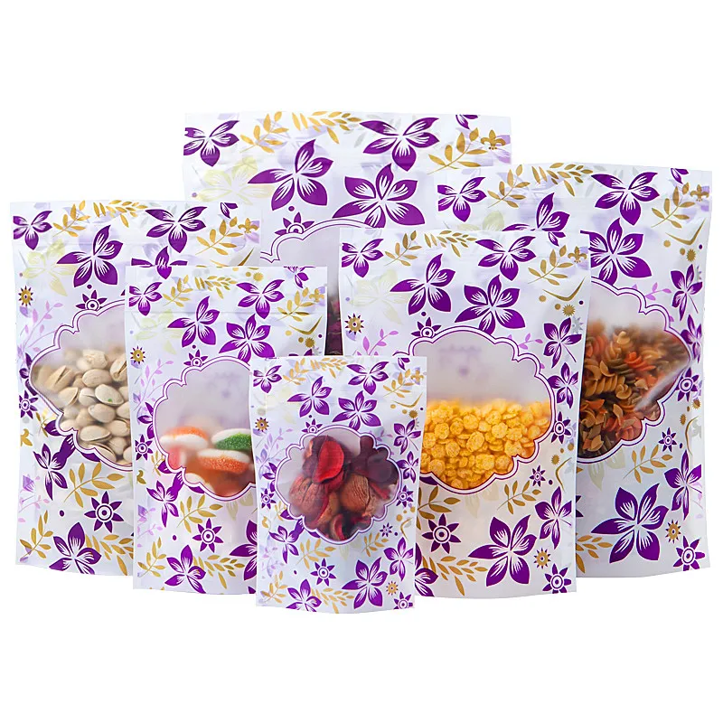100pcs Stand up Purple Flower Window Zip Bag Resealable Snack Nuts Dried Fruits Gifts Heat Sealing Fridge Fresh Taste Pouches