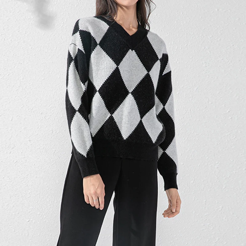 

Fashion Diamond Plaid Knitted Sweater for Woman Autumn Casual V-Neck Women's Pullover Loose Keep Warm Long Sleeve Tops Ladies