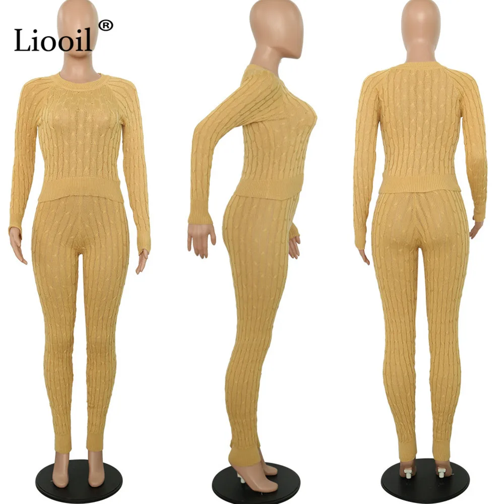 Liooil, вязаный комплект из двух предметов, свитер, топ и штаны, с длинным рукавом, с круглым вырезом, облегающие, вечерние, для ночного клуба, наряды для женщин, подходящие комплекты