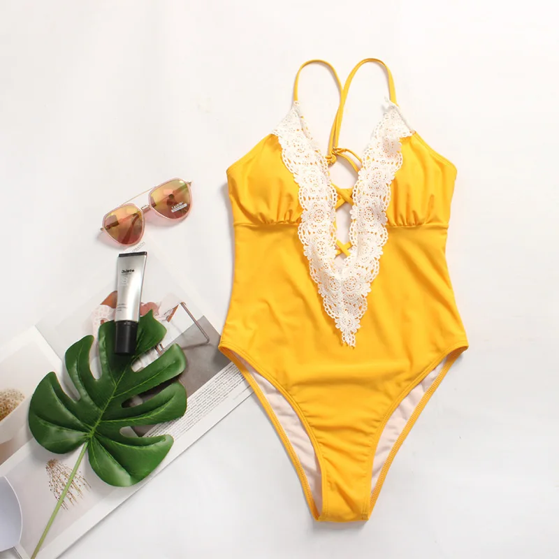 Сексуальный цельный купальник со шнуровкой женский с глубоким v-образным вырезом