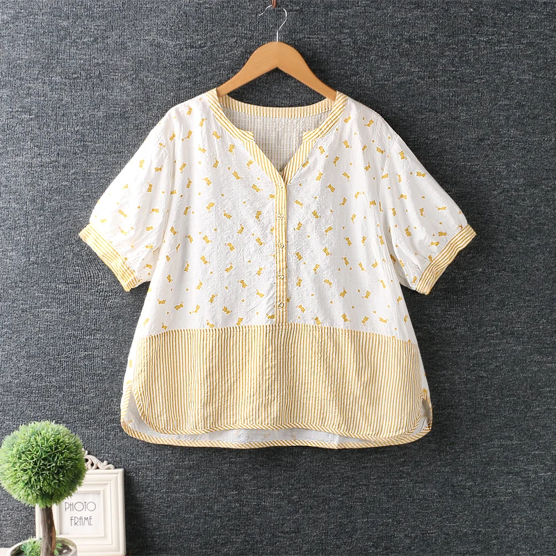 

Summer new women's fresh cotton short sleeve top striped shirt casual wear