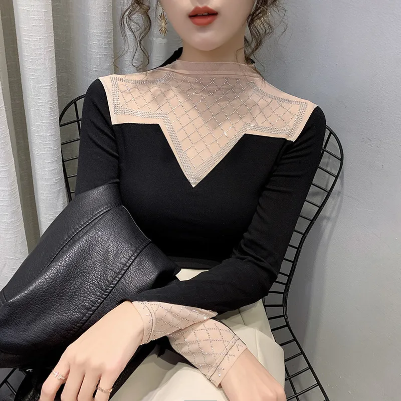 Сексуальная Прозрачная женская футболка блестящая нижняя рубашка со стразами