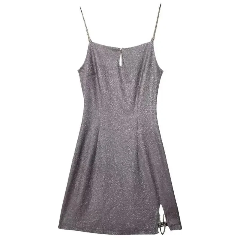 

2021 new sexy dress party hanging neck shiny silk cotton women's sleeveless A-line shoulder strap summer knee-length club mini