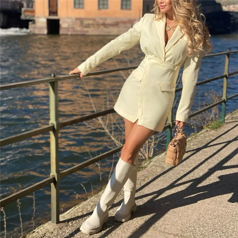 

Женские платья с высокой талией, элегантный женский Бежевый Тонкий Блейзер, мини-платье, весенние повседневные офисные женские платья а-сил...