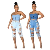 european and american womens fashion all match frayed high waist washed stretch mother jeans five point pants