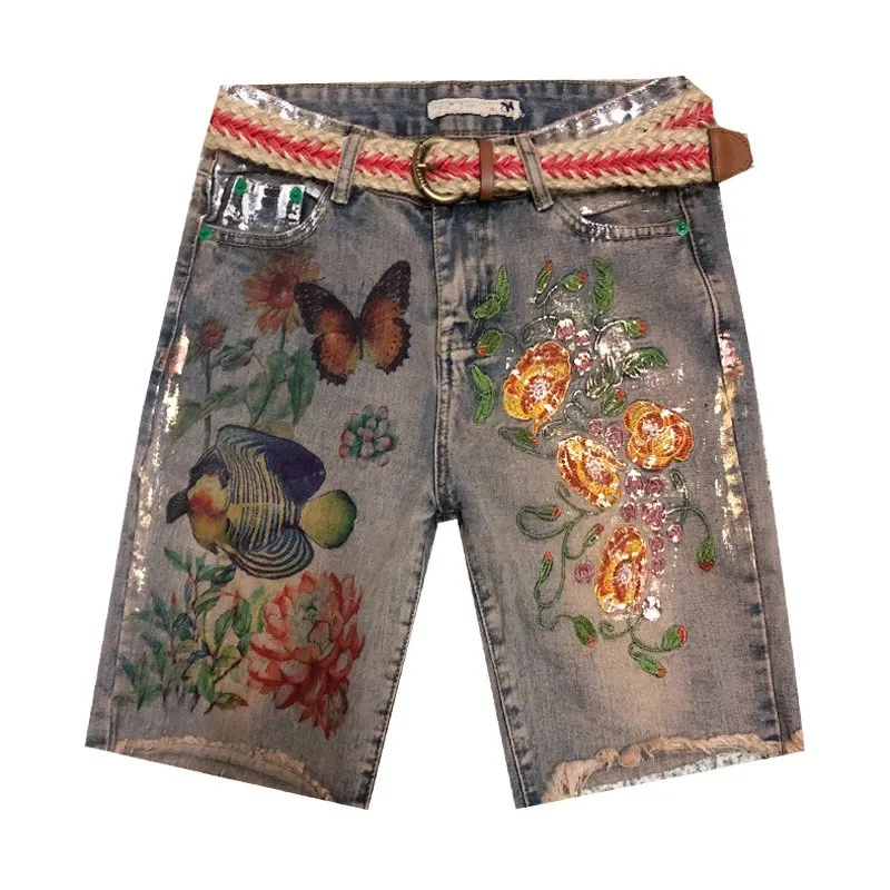 

Vintage Floral Printed Women Denim Shorts Knee Length Casual Slim Summer Short Trousers Streetwear Tassels Straight Jeans Shorts