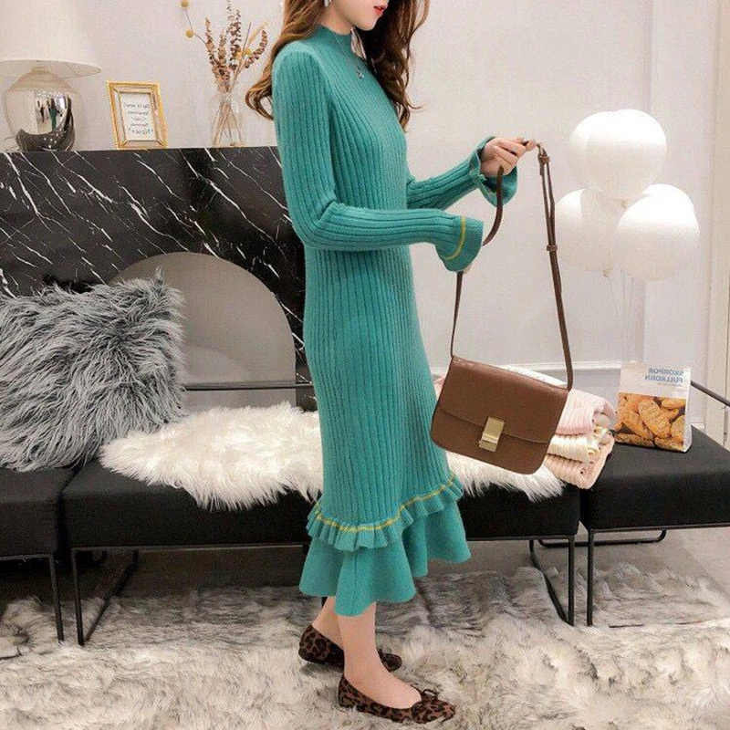 Женский свитер пуловер вязаное платье-свитер с расклешенными рукавами