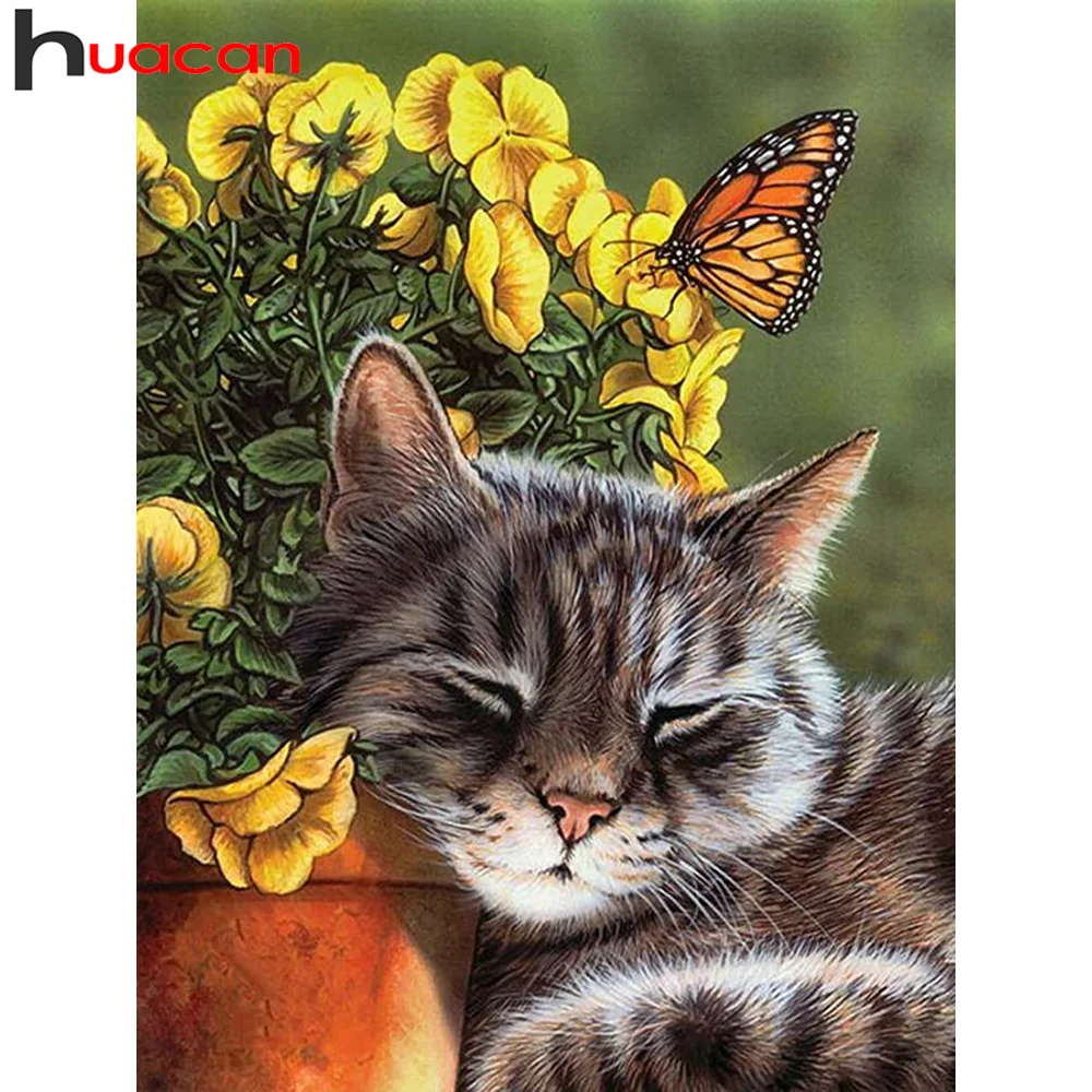 

Huacan Diamond Painting Kit Cat Animal Full Square/round Mosaic Phalaenopsis Embroidery Butterfly Floral Home Decor