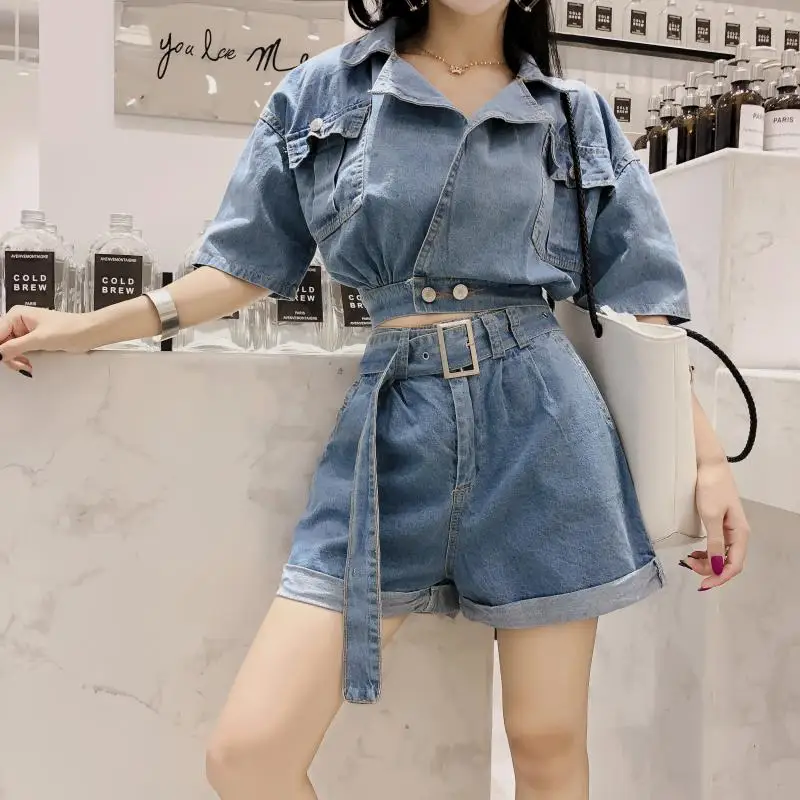 

2020 Woman Jeans Two Piece Set Korean Fashion Clothing Short Crop Tops Denim Jacket + Flanging Cowboy Shorts Belt 2 Piece Sets