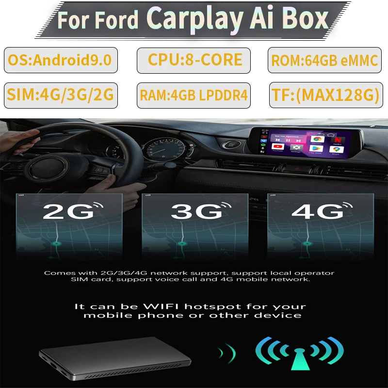 

Wireless Carplay Carplays Ai Box 4+64G For Ford F-150 Fiesta Flex Focus Taurus Edge Escape Expedition C-MAX Fusion Transit
