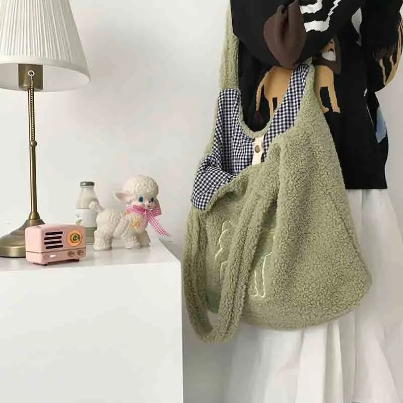 

Winter Bag for Woman Cute Print Animal Pattern Warm Large Shopping Tote Purse Woolen Casual Style Female Shoulder Bag