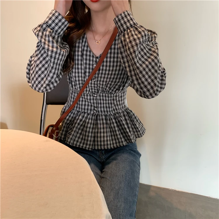 

sweet full ruffles v-neck lantern sleeve Korean style tops Women's Clothing high quality Spring and autumn temperament shirts