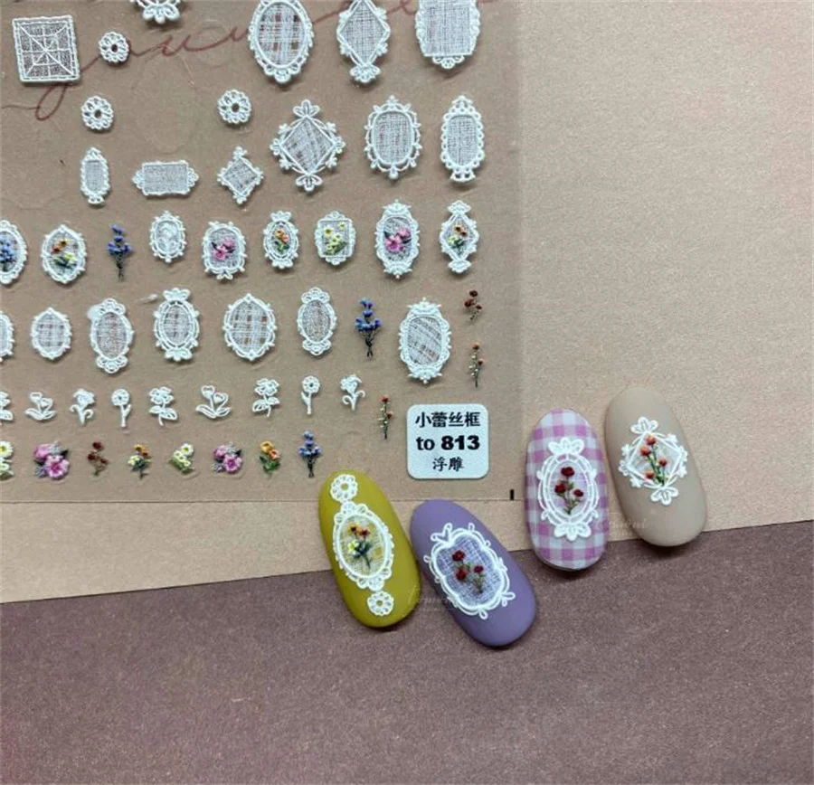 

Japanese White Lace Photo Frame Nail Sticker 5D Relief DIY Self-adhesive Back Glue Ultra-thin Decal Salon Manicure Tool