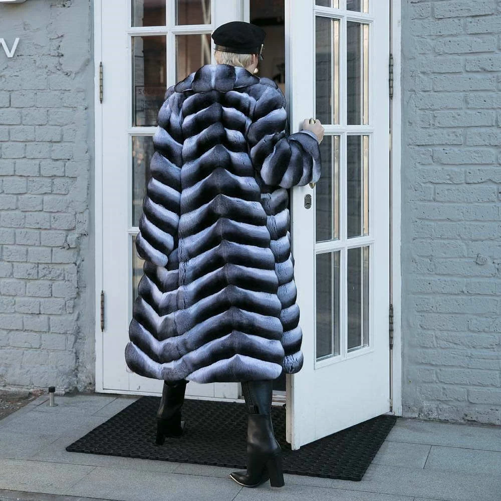 Fashion X-long Natural Rex Rabbit Fur Coat Chinchilla Color Natural Women Genuine Rex Rabbit Fur Coat Turn-down Collar Overcoats