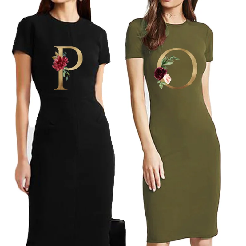 

Bodycon Dress Women Summer Flower Letter Print Short Sleeve Pencil Dress Sexy Clothes Vintage Elegant Party Vestidos Robe Slim