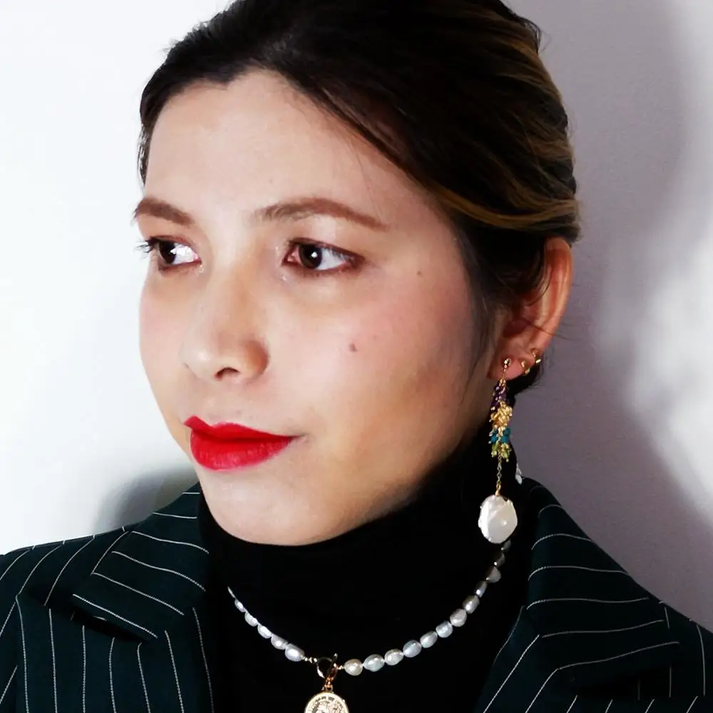 

LiiJi Unique Multi Stone Baroque Pearl 925 Sterling Silver Gold Color Stud Long Earrings Party Birthday Women Gift